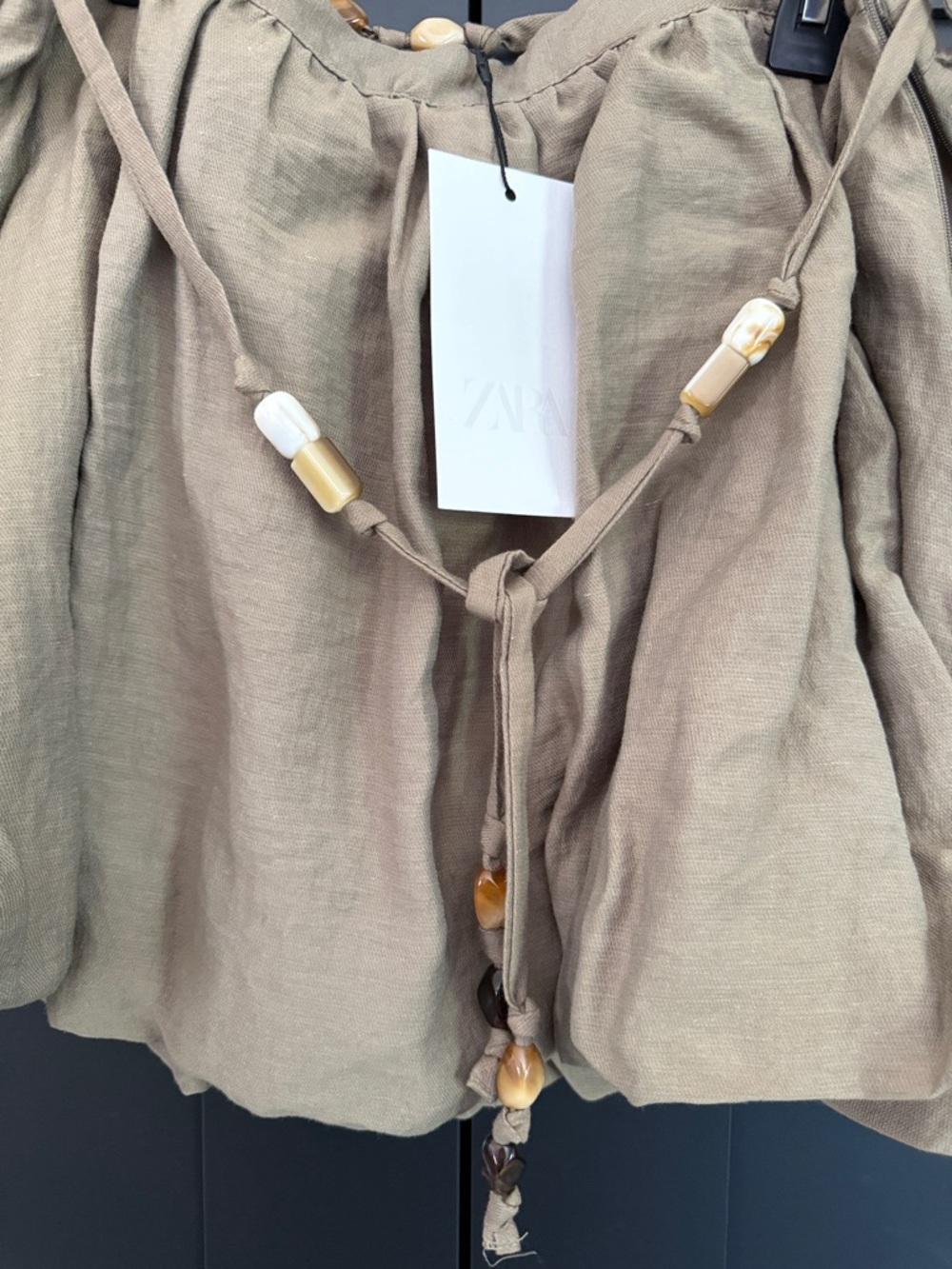 Zara Olive-Taupe Linen Bubble Mini Skirt with Bead Tie - Picture 3 of 7